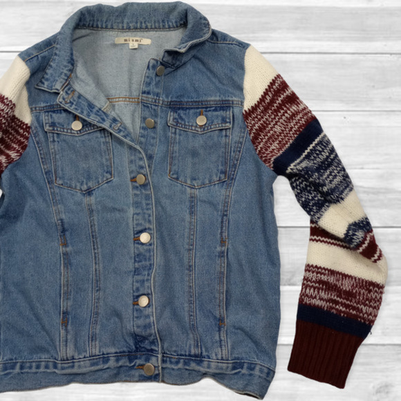 MIAMI Denim Jacket Striped Knit Sleeves Size Small - Picture 2 of 6